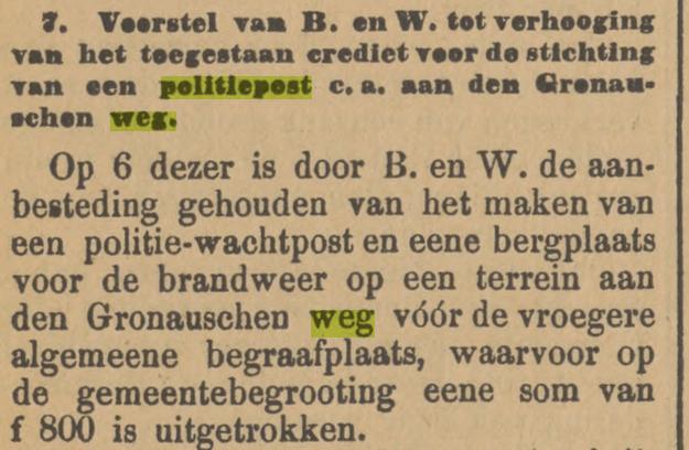 Gronauseweg politiepost op terrein voor de algemene begraafplaats krantenbericht Tubantia 19-3-1903.jpg