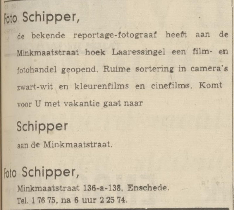 Minkmaatstraat 136A-138 hoek Laaressingel Foto Schipper advertentie Tubantia 14-7-1969.jpg