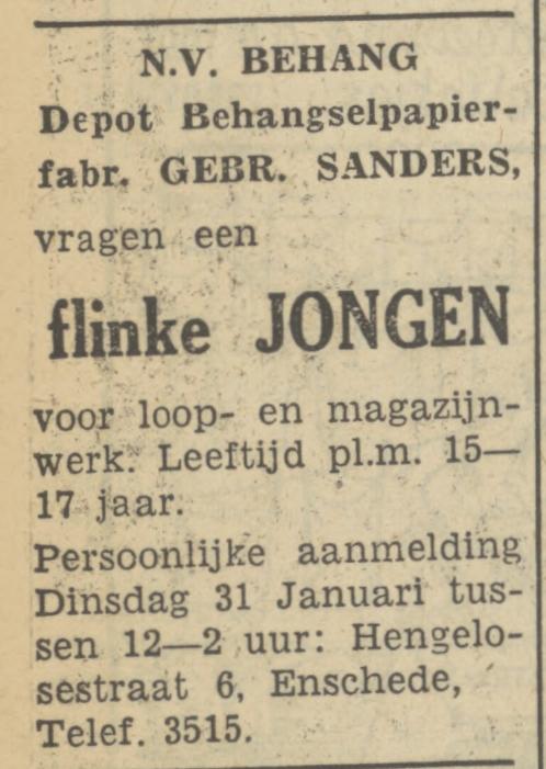 Hengelosestraat 6 N.V. Behang Depot Behangselpapierfabriek Gebr. Sanders advertentie Tubantia 28-1-1950.jpg