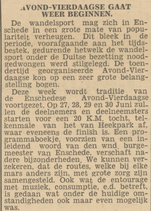 Van Heekpark start en finish avondvierdaagse krantenbericht De Waarheid 25-6-1945.jpg