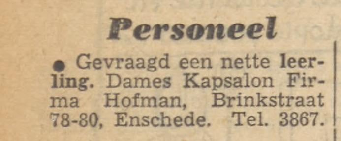 Brinkstraat 78-80 dames kapsalon Firma Hofman advertentie Tubantia 26-11-1955.jpg