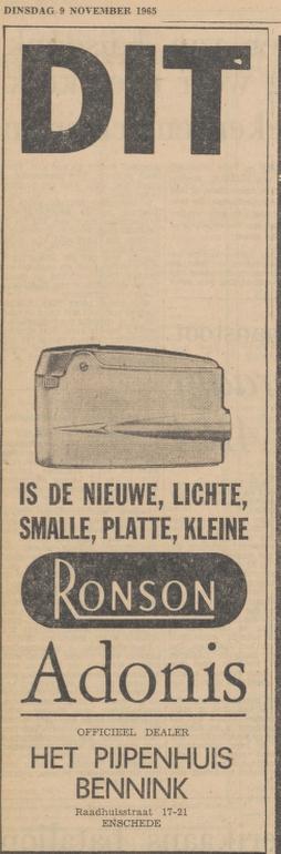 Raadhuisstraat 17+21 Het Pijpenhuis Bennink advertentie Tubantia 9-11-1965.jpg