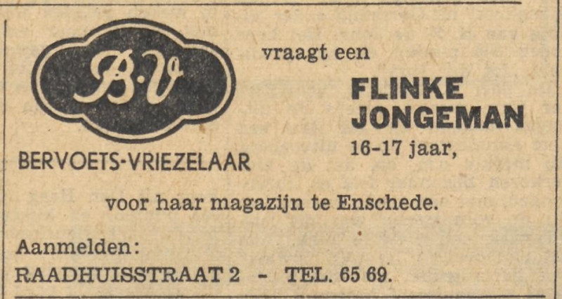 Raadhuisstraat 2 magazijn schoenenhuis Bervoets-Vriezelaar advertentie Tubantia 6-7-1964.jpg