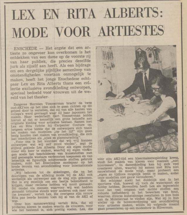 Molenstraat 15 Lex en Rita Alberts ontwerpen dameskleding krantenbericht Tubantia 8-12-1973.jpg