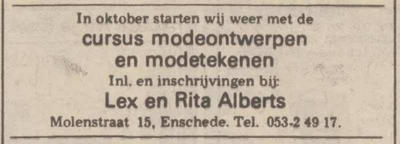 Molenstraat 15 Lex en Rita Alberts modeontwerpen advertentie Tubantia 31-8-1974.jpg