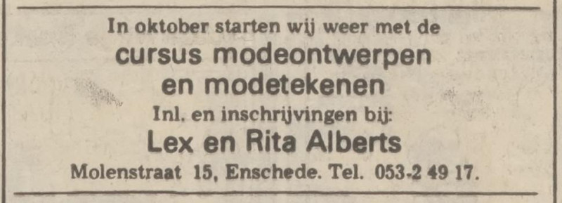 Molenstraat 15 Lex en Rita Alberts modeontwerpen advertentie Tubantia 31-8-1974.jpg