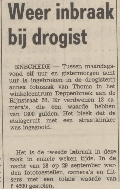 Rijnstraat 52 Drogisterij annex fotozaak Thoma krantenbericht Tubantia 9-10-1974.jpg