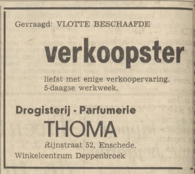 Rijnstraat 52 Drogisterij Parfumerie Thoma advertentie Tubantia 9-9-1970.jpg