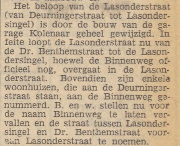 Binnenweg wordt Lasonderstraat krantenbericht Tubantia 8-10-1965.jpg