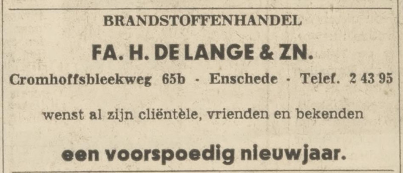 Cromhoffsbleekweg 65B Brandstoffenhandel H. de Lange & Zn. advertentie Tubantia 30-12-1967.jpg