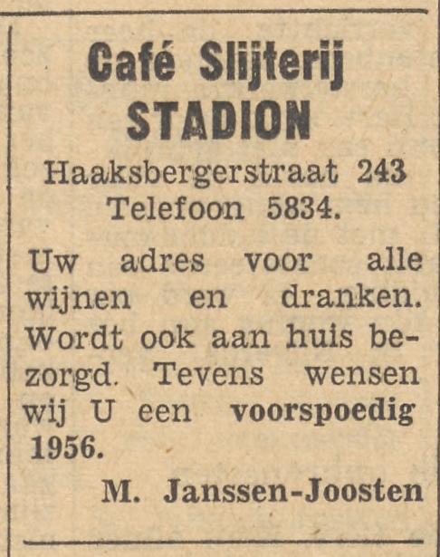 Haaksbergerstraat 243 cafe slijterij M. Janssen Joosten adverentie Tubantia 30-12-1955.jpg