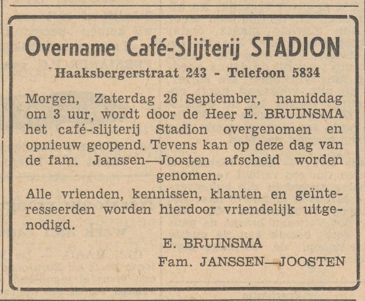 Haaksbergerstraat 243 cafe slijterij Stadion overname E. Bruinsma advertentie Tubantia 25-9-1959.jpg