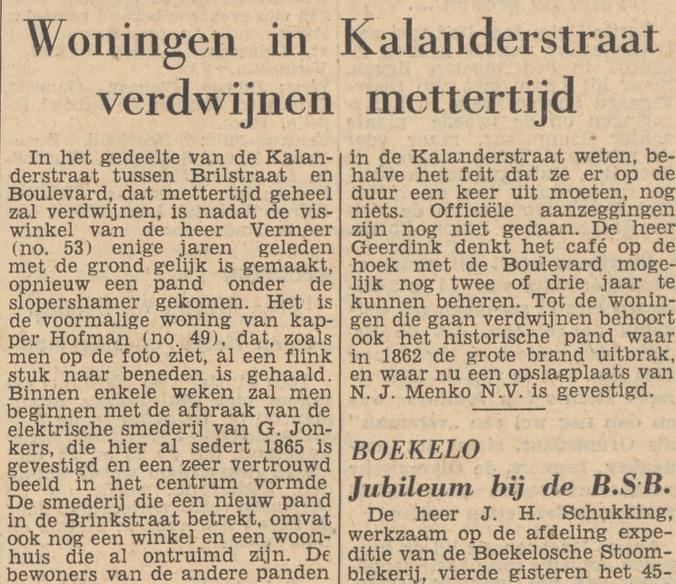 Kalanderstraat 49 afbraak pand kapper Hofman krantenbericht Tubantia 14-6-1960.jpg