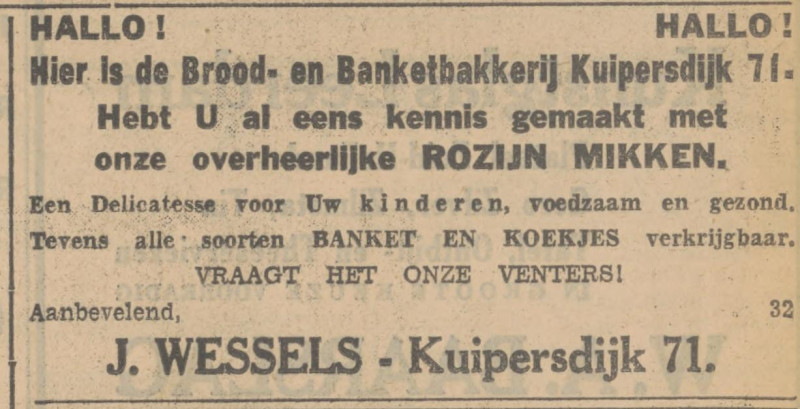 Kuipersdijk 71 Brood Banketbakkerij J. Wessels advertentie Tubantia 12-8-1932.jpg