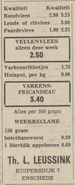 Kuipersdijk 7 slagerij Th.L. Leussink advertentie Tubantia 15-1-1970.jpg