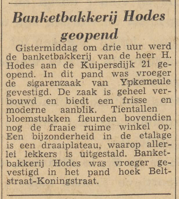 Kuipersdijk 21 banketbakkerij H. Hodes krantenbericht Tubantia 5-4-1962.jpg