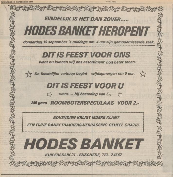 Kuipersdijk 21 Banketzaak Hodes advertentie Tubantia 18-9-1974.jpg