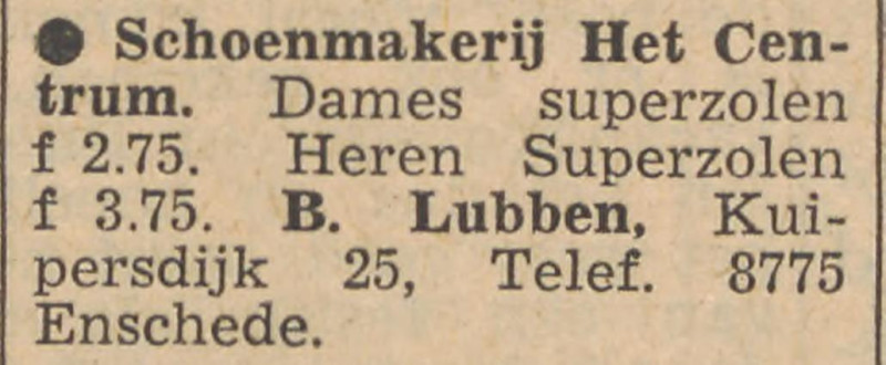 Kuipersdijk 25 Schoenmakerij Het Centrum B. Lubben advertentie Tubantia 17-8-1955.jpg