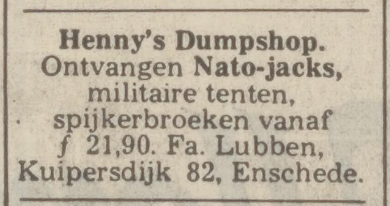 Kuipersdijk 82 Henny;s Dumpshop Fa. Lubben advertentie Tubantia 7-5-1974.jpg