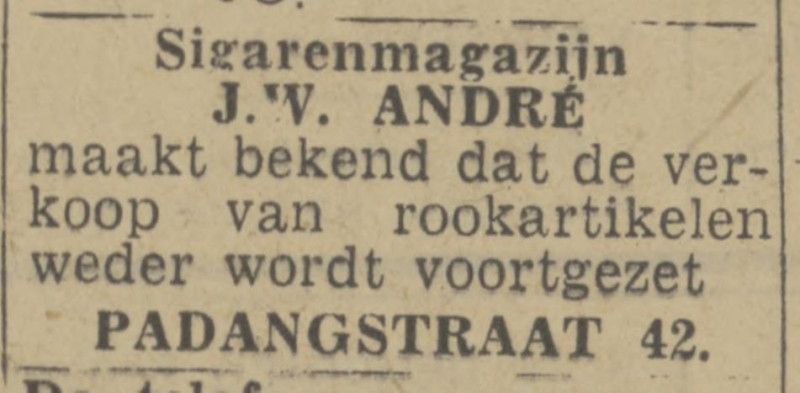 Padangstraat 42 sigarenmagazijn J,W, Andre advertentie Twentsch nieuwsblad 26-11-1943.jpg