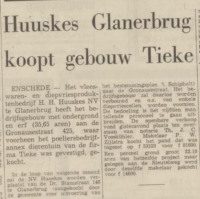 Gronausestraat 425 diepvriesproduktenbedrijf H.H. Huuskes in pand Tieke poeliersbedrijf annex dierentuin krantenbericht Tubantia 11-3-1970.jpg
