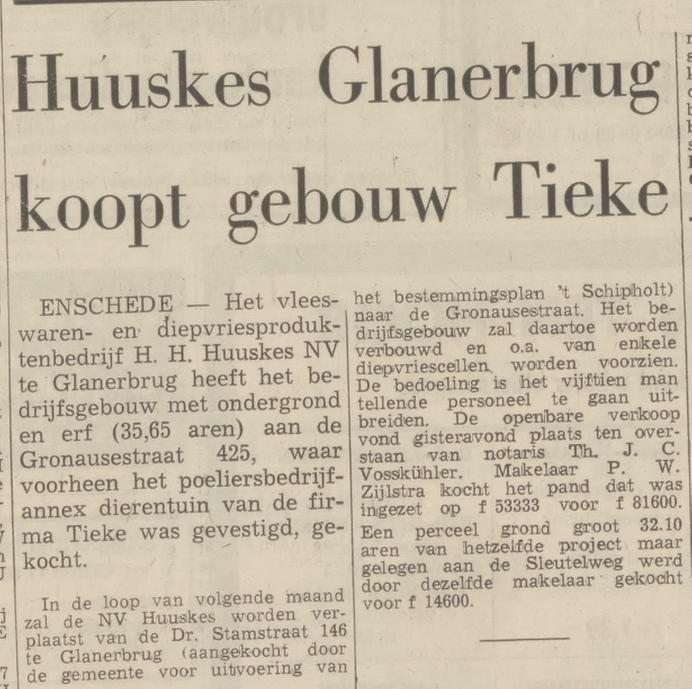 Gronausestraat 425 diepvriesproduktenbedrijf H.H. Huuskes in pand Tieke poeliersbedrijf annex dierentuin krantenbericht Tubantia 11-3-1970.jpg