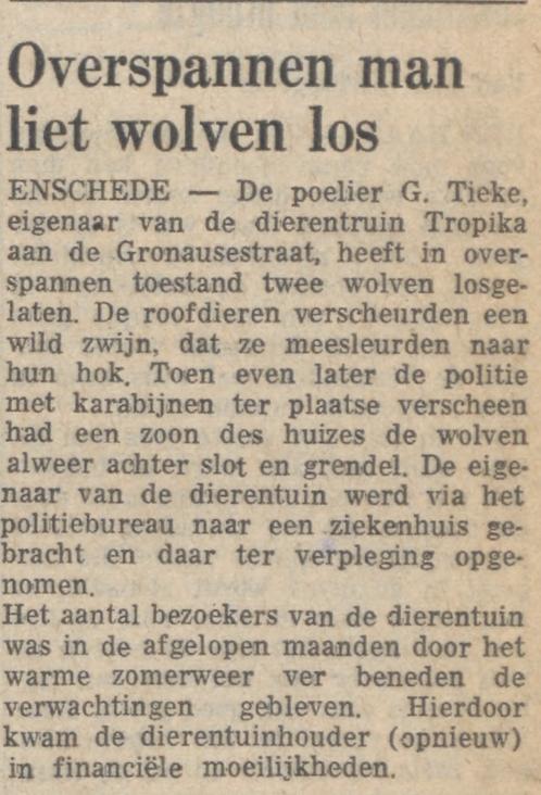 Gronausestraat 425 dierentuin Tropika van poelier G. Tieke krantenbericht Trouw 15-8-1969.jpg