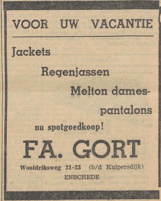 Wooldriksweg 21-23 kledingwinkel Fa. Gort advertentie Tubantia 18-6-1954.jpg