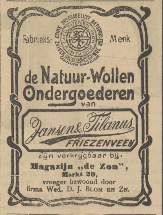Markt 20 Magazijn de Zon eerder D.J. Blom en Zn manufacturen advertentie Tubantia 23-5-1905.jpg