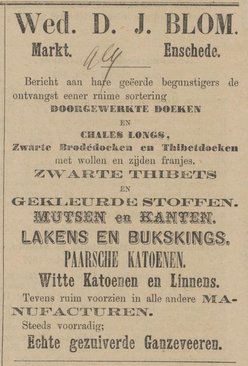 Markt 20 Wed. D.J. Blom manufacuren advertentie Tubantia 17-2-1877.jpg