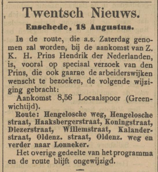 Koningstraat bezoek ZKH Prins Hendrik der Nederlanden krantenberich Tubantia 18-8-1903.jpg