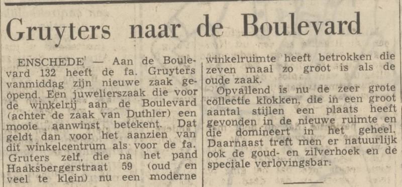 Haaksbergerstraat 59 juwelierszaak Fa. Gruyters naar de Boulevard krantenbericht Tubantia 5-11-1969.jpg