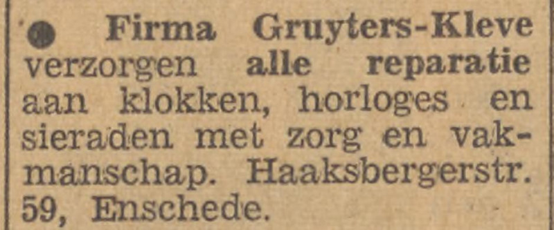 Haaksbergerstraat 59 Fa. Gruyters-Kleve klokken horloges advertentie Tubantia 13-5-1951.jpg