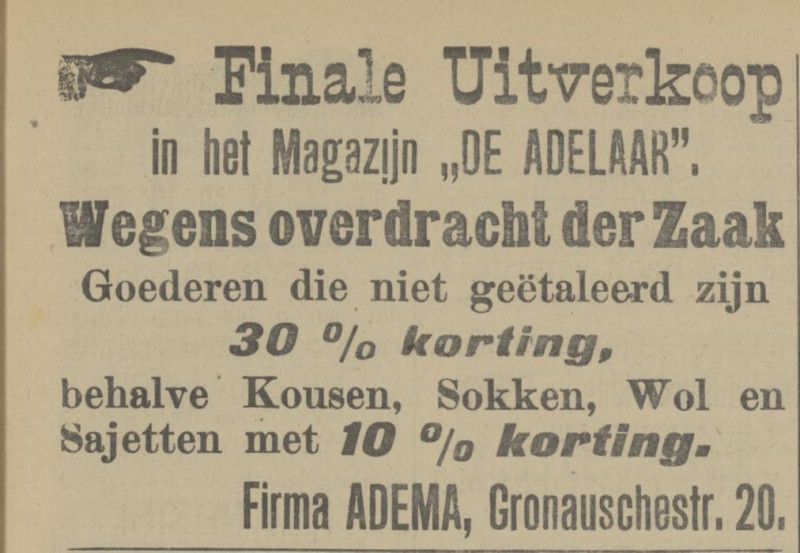 Gronausestraat 20  magazijn De Adelaar Fa. Adema advertentie Tubantia 12-7-1913.jpg