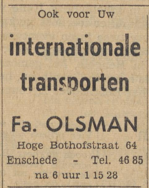 Hoge Bothofstraat 64 Fa. Olsman Internationale Transporten advertentie Tubantia 4-1-1964.jpg