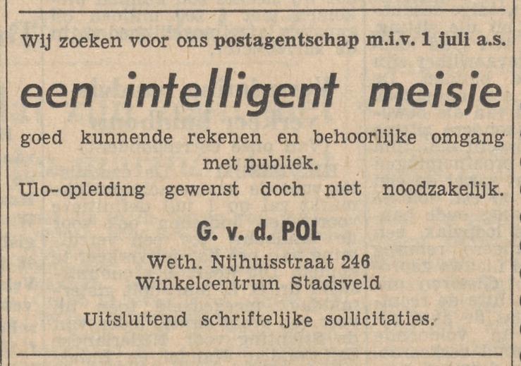 Wethouder Nijhuisstraat 246 Postagentschap G. v.d. Pol advertentie Tubantia 10-6-1960.jpg