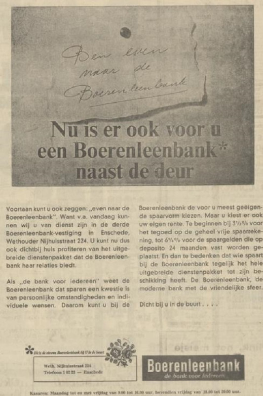 Wethouder Nijhuisstraat 224 Boerenleenbank advertentie Tubantia 25-6-1969.jpg