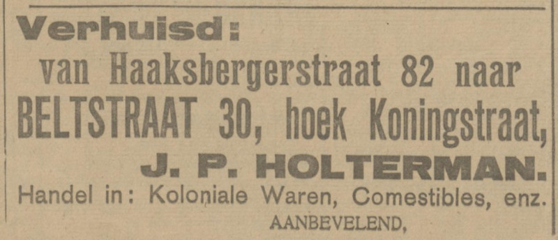 Beltstraat 30 hoek Koningstraat J.P. Holterman Koloniale waren advertentie Tubantia 11-7-1921.jpg