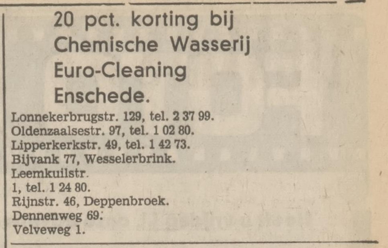 Lipperkerkstraat 49 Oldenzaalsestraat 97 Velveweg 1 Chemische wasserij Euro-Cleaning advertentie Tubantia 11-1-1972.jpg