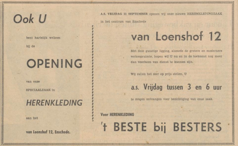 Van Loenshof 12 Besters speciaalzaak herenkleding advertentie Tubantia 10-9-1959.jpg
