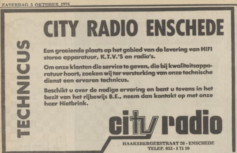Haaksbergerstraat 26 City Radio advertentie Tubantia 5-10-1974.jpg
