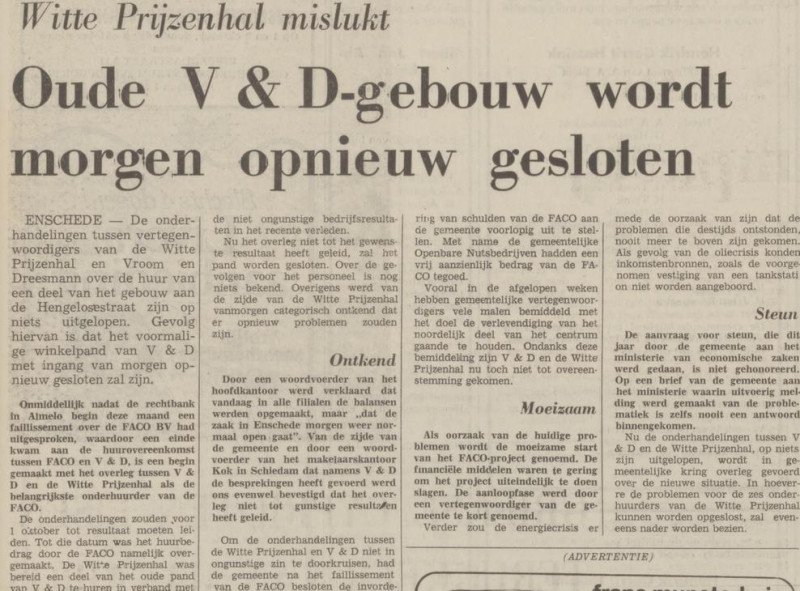 Hengelosestraat 1 hoek Brammelerstraat oude V & D pand opnieuw gesoten krantenbericht Tubantia 30-9-1974.jpg