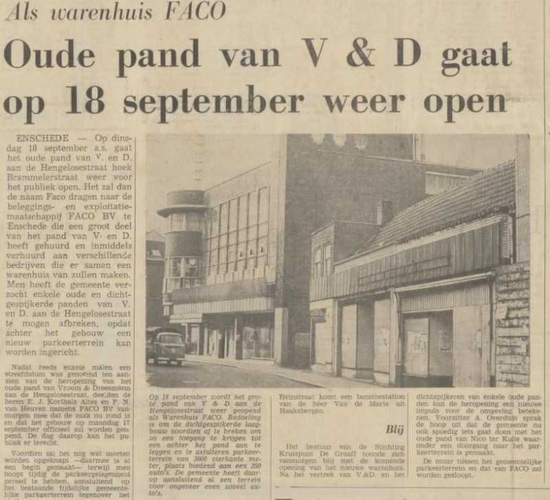 Hengelosestraat 1 hoek Brammelerstraat wordt warenhuis Faco krantenbericht Tubantia 18-7-1973.jpg