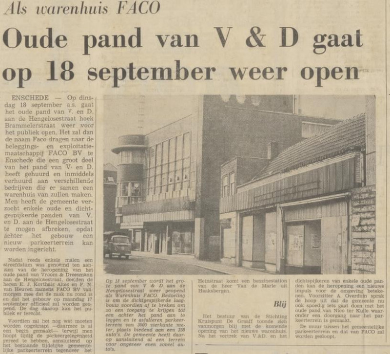Hengelosestraat 1 hoek Brammelerstraat wordt warenhuis Faco krantenbericht Tubantia 18-7-1973.jpg