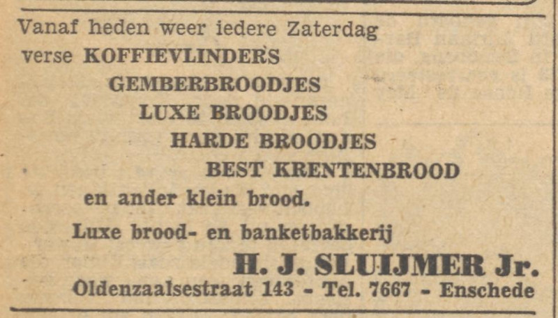 Oldenzaalsestraat 143 banketbakkerij H.J. Sluijmer Jr. advertentie Tubantia 18-11-1955.jpg
