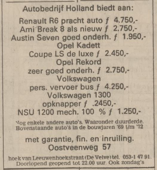 Oostveenweg 57 hoek van Leeuwenhoekstraat De Velve Autobedrijf Holland advertentie Tubantia 11-1-1975.jpg