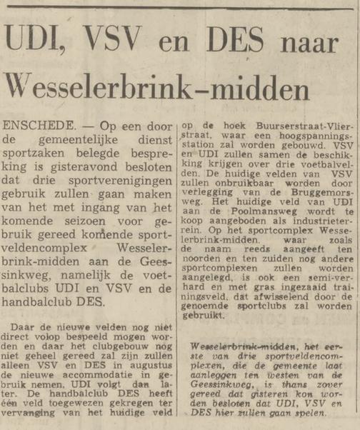 Geessinkweg 246 nieuw terrein voetbalclubs UDI en VSV en handbalclub DES krantenbericht Tubantia 12-3-1970.jpg