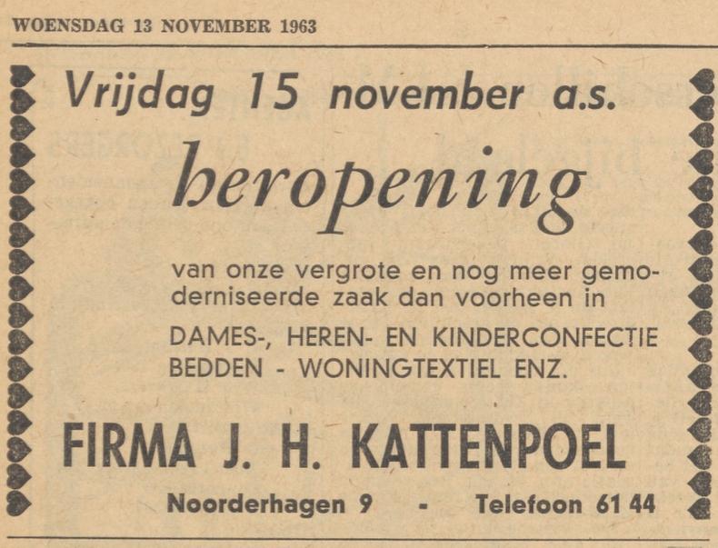 Noorderhagen 9 kledingwinkel Fa. J.H. Kattenpoel advertentie Tubantia 13-11-1963.jpg