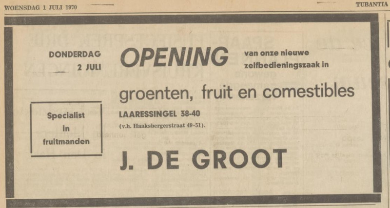 Laaressingel 38-40 groenten, fruit en comestibles J. de Groot advertentie Tubantia 1-7-1970.jpg