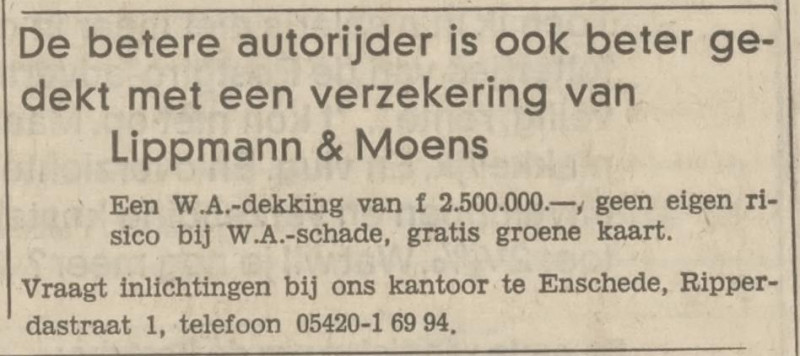 Ripperdastraat 1 Lippmann & Moens verzekeringen advertentie Tubantia 10-11-1970.jpg